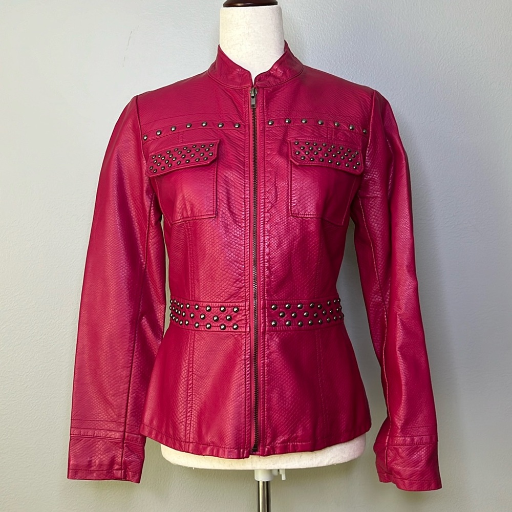 V Cristina Pink Faux Leather Studded Jacket Womens Small Moto Zip‎